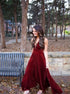 Burgundy V Neck A Line Velvet Prom Dress LBQ1409
